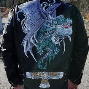Black Men's Leather Motorcycle Jacket Size XL Hand Painted Dragon/Annunaki